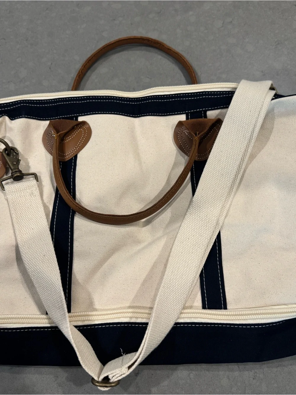 Signature Canvas Weekender Duffel - Cream and Navy